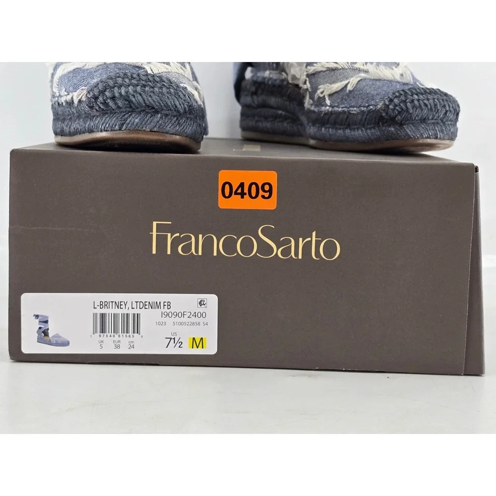 Franco Sarto L-Britney Espadrille Sandals Womens 7.5 Blue Denim Wedge Tie -New